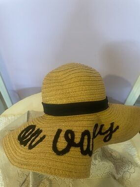 Wide Brim Straw Sun Hat with Black Script and Band - on vacay